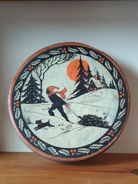 Vintage Winter Woodland Scene Christmas Burnt Orange Moon Black Silhouette Child